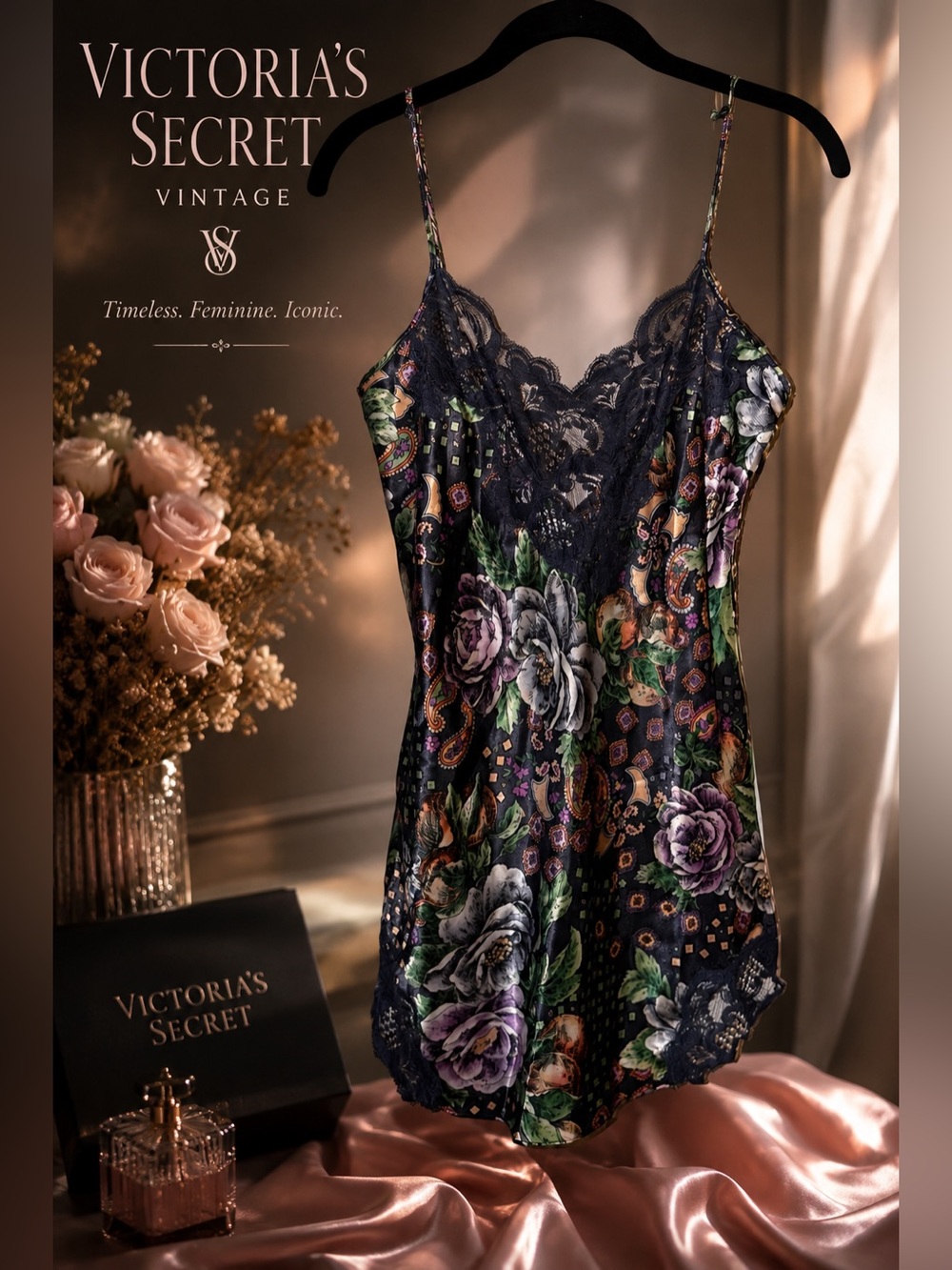 Vintage Victoria’s Secret Gold Label Floral Lace Chemise Slip Nightgown Petite